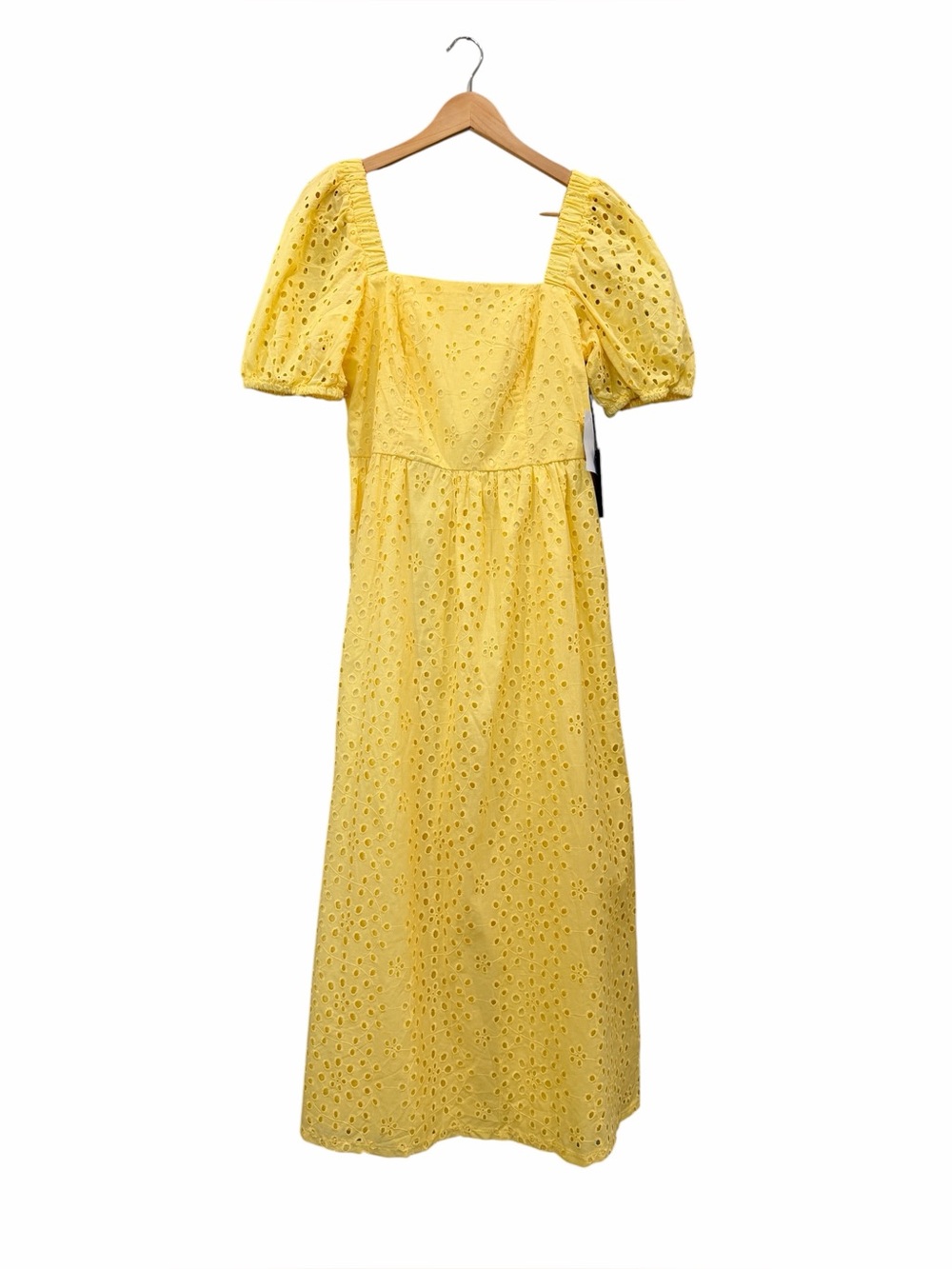 CeCe Eyelet Cotton Midi Dress Square Neck Smocked Puff Sleeve Yellow Small NWT - Picture 2 of 15